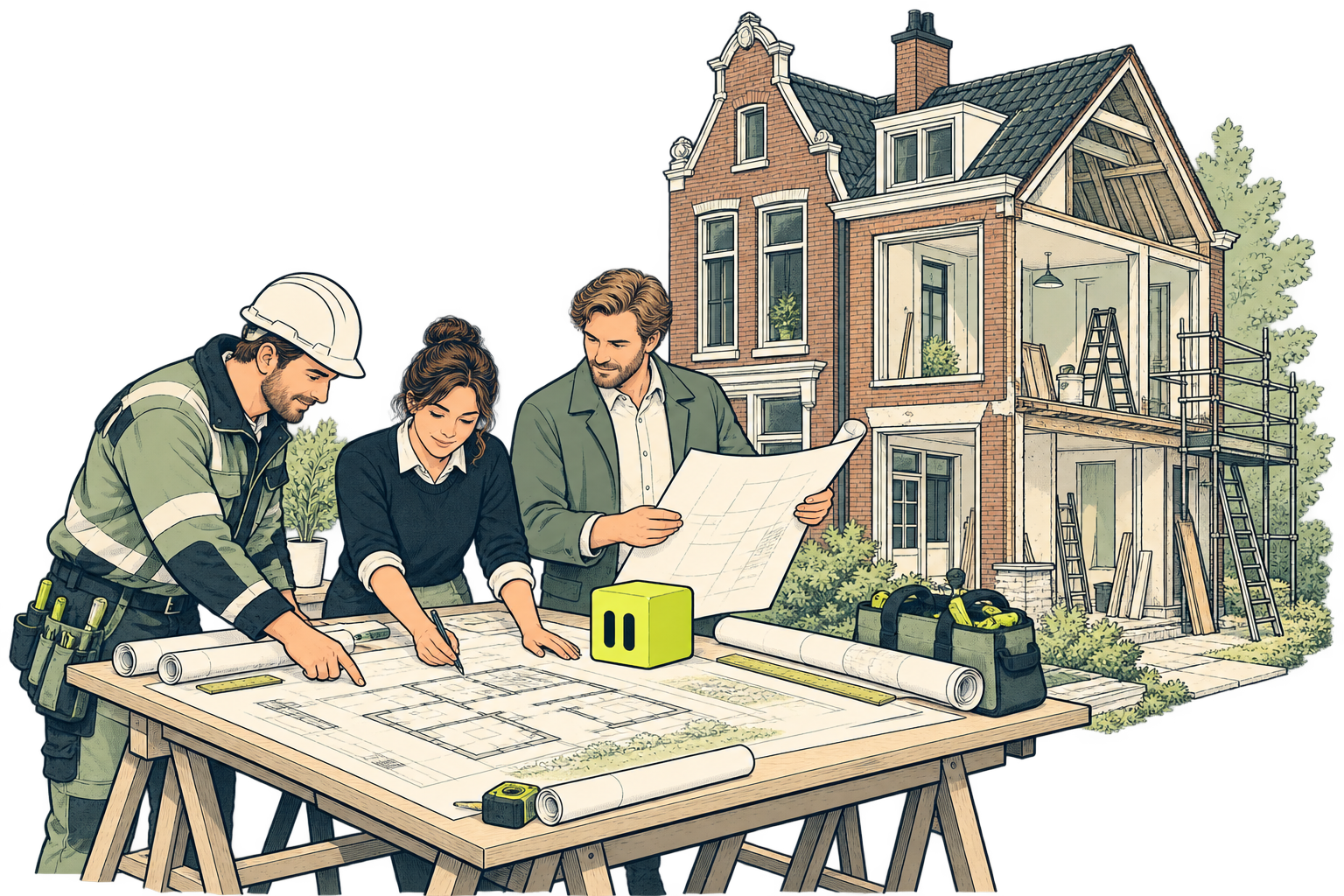Bouwteam bespreekt projecttekeningen bij een renovatiewoning
